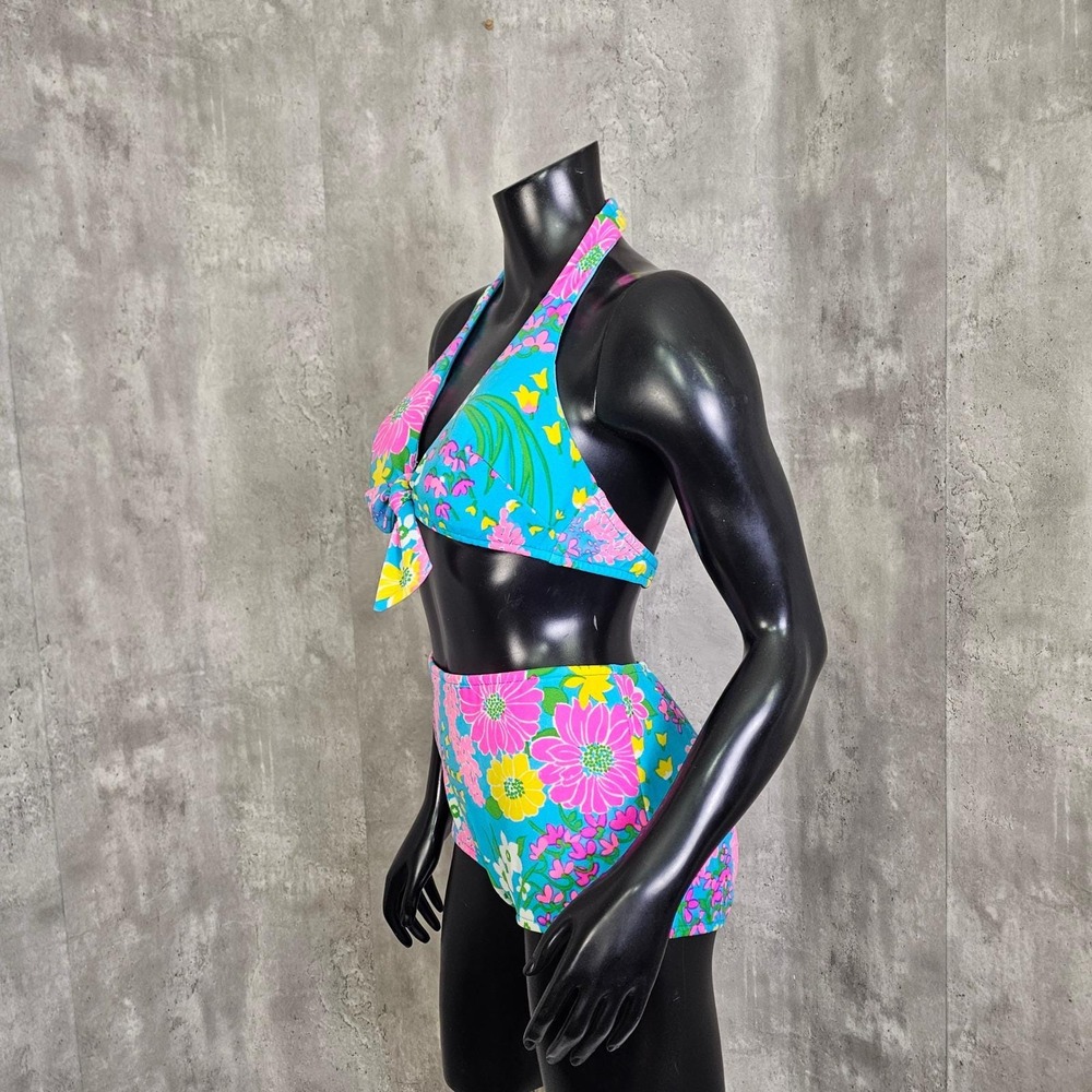 Vintage 70s Parform Originals Floral Bikini Tiki High Waist S Malibu Mod - Picture 5 of 12